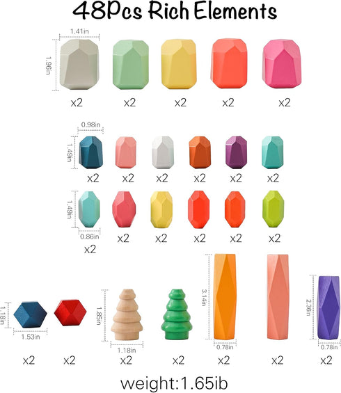 OESSUF Stacking Rocks, 48Pcs Wooden Balancing Stacking Blocks for Toddler Sorting Educational Montessori Game