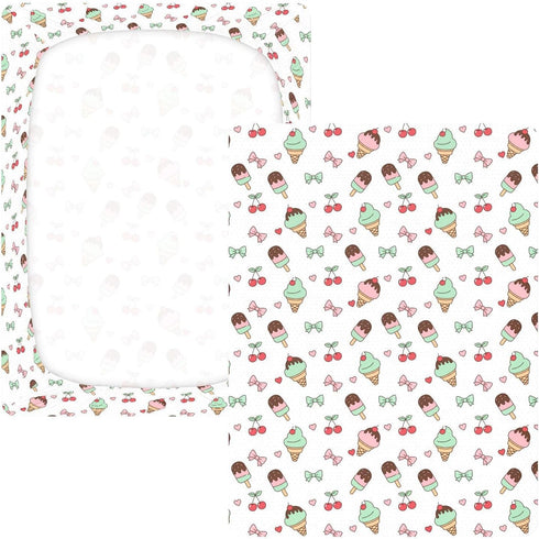 Jynexis 52x28 Ice Cream Cherries White Print Baby Crib Sheets, Cotton Fitted Crib Sheet, Soft Breathable, Fits Standard