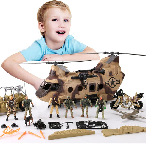 26 PCS Army Men Helicopter Carrier Toys, Military Soldier Action Figures, Jumbo Transport Aircraft with Lights & Sound