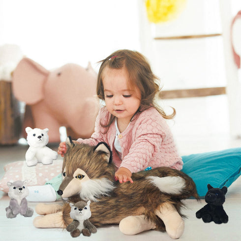 5 Pcs Wolf Plush Set, 16 Inch Stuffed Animal with Mini Baby Wolves, Soft Plushie for Birthday Party Favors