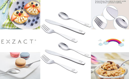 Exzact Kids Flatware 6 Pieces Stainless Steel Silverware, 2 Forks, 2 Knives, 2 Spoons, Toddler Utensils, Dishwasher Safe