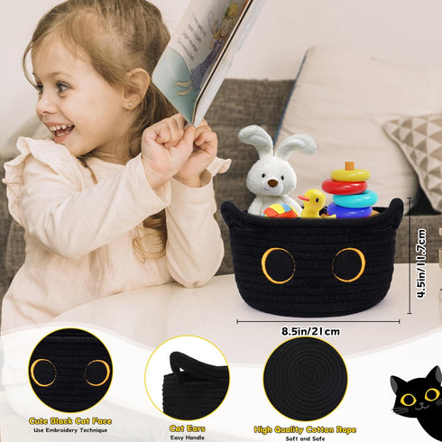 Small Black Cat Cotton Rope Storage Basket - Woven Organizer with Ears for Nursery, Baby Toy Storage, 8.5×4.5 inches