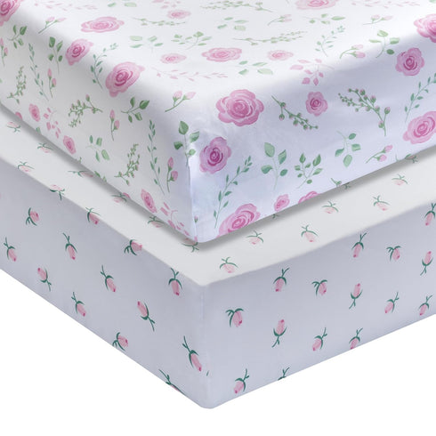 EVERYDAY KIDS 2 Pack Fitted Girls Crib Sheet 28in x 52in - 100% Soft Breathable Microfiber, White and Pink with Flowers