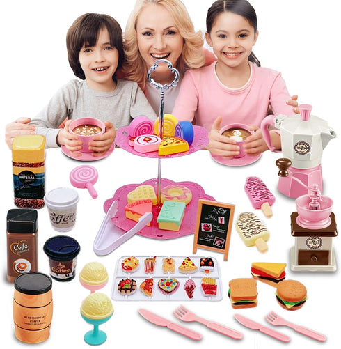 Set 48 Set Set 3 4 5 6 7 8 9, Pretend Tea Party for Little Girls, PCS Coffee Maker and Play Food Dessert for Kids Age
