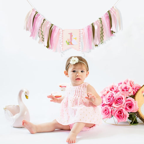 LINLULU 1st One Funny Goose High Chair Banner for Girls - Goose Birthday Decorations for Girls, Pink GooseFirst