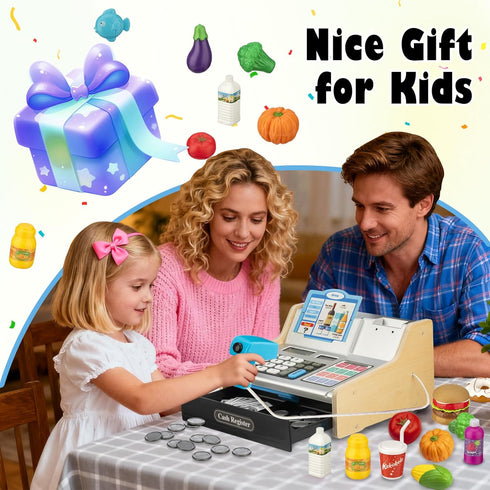 3 4 5 6 7 8 9 3-12 Wooden Cash Register for Kids with Shopping Cart Rechargeable Kid Cash Register with Scanner Gift