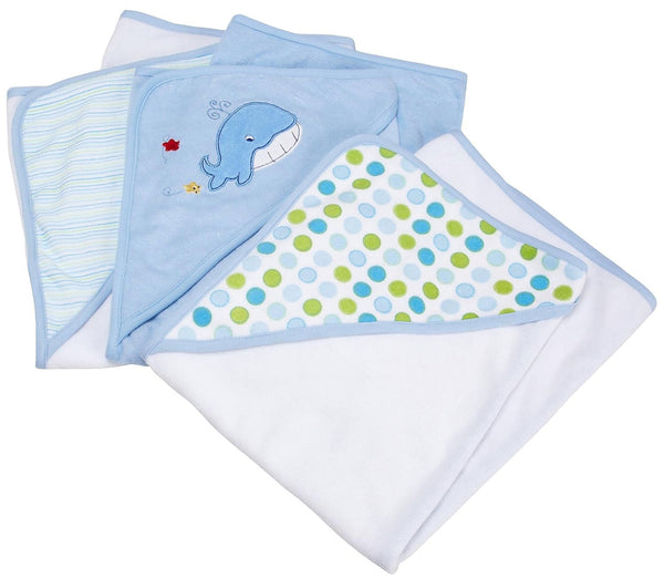 Spasilk Hooded Towel Set for Newborns, Blue Whale, Soft Terry Baby Towels, Pack of 3