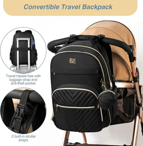Backpack, MOMUVO Diaper Bag Quilted Baby Bag with Changing Pad & Stroller Straps & Pacifier Case, Large Travel Diaper