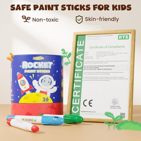 26 120 JUPITEARTH Colors Rocket Tempera Paint Sticks with PDF Coloring Pages, Quick Drying, Non-Toxic and Washable
