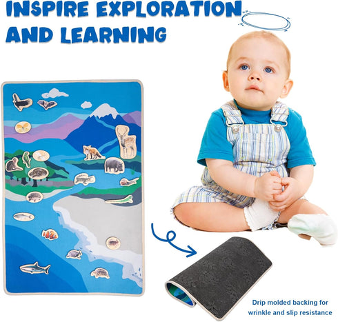 Montessori Land and Water Map with 25 Wooden Animals, Educational Geography and Zoology Mat for Kids 4-8