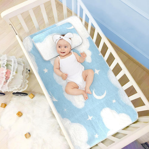 voucong 28" 52" Blue and White Moon Clouds Cooling Baby Mattress Cover x Washable Crib Padding for Sides