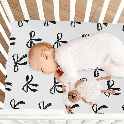 Vdsrup 52 28 9In Crib Sheets for Boys Girl Black Bows Breathable Mini Crib Mattress Sheets Fitted, Beige Toddler Fitted