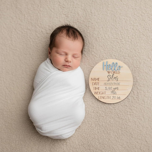 TTMerriwood Hello World Wooden Baby Birth Announcement Sign, Newborn Name Date Time Weight Length Board, Neutral