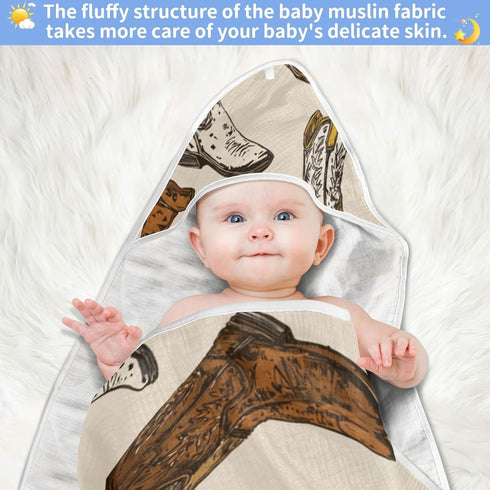 Caikeny 35x35 Inch Baby Towel Cowboy Boots Baby Hooded Towel Brown Soft Cotton Bath Towels for Baby Newborns Hooded