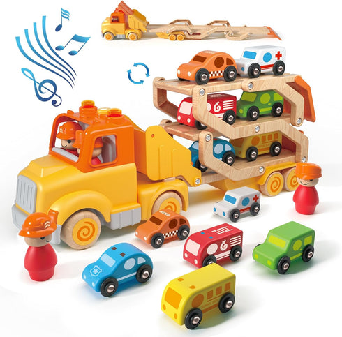 Toddler Toys for 2-5 Years Old, Transport Car Carrier Truck with 6 Wooden Vehicles, 30in Foldable Track Trailer