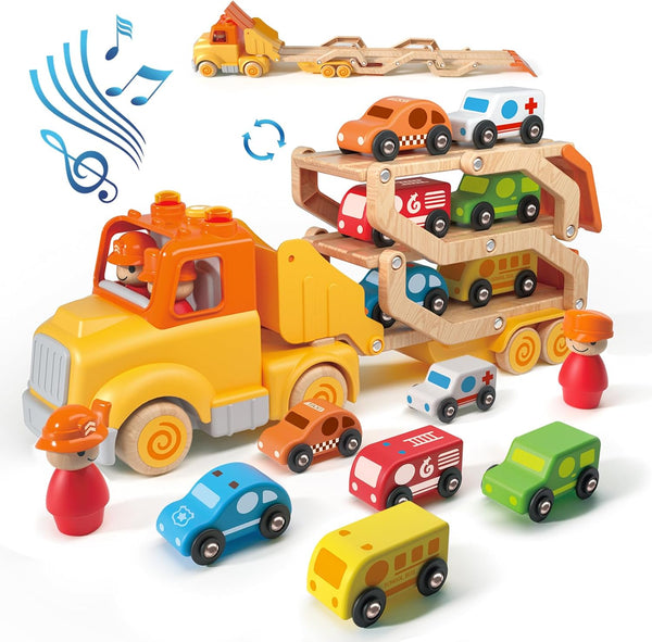 Toddler Toys for 2-5 Years Old, Transport Car Carrier Truck with 6 Wooden Vehicles, 30in Foldable Track Trailer