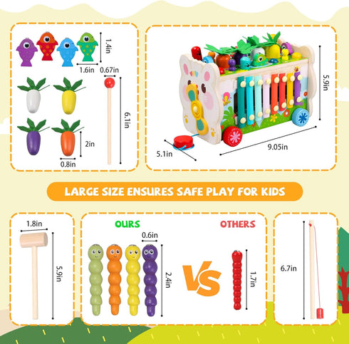 9 1 1 Hammering 1-3, harvest,1 in Montessori Toys for Year Old, Wooden Pounding Toy Game with Xylophone for Toddlers