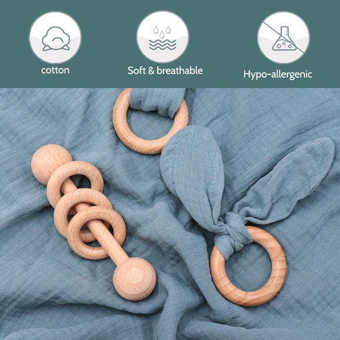Baby Lovey, Wood Rattle, Teether Ring - 3 Pack Montessori Gift, Navy Blue Cotton, Baby Shower Gift