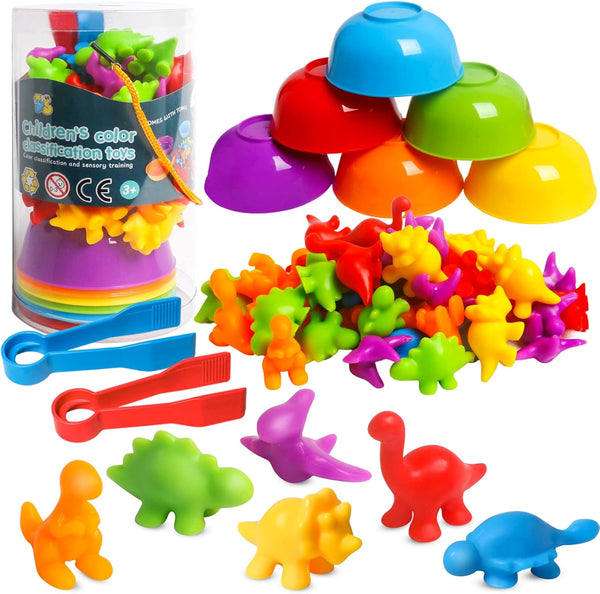 Counting Dinosaur Toys Matching Games with Sorting Bowls, Sorting Toys for Toddlers, Preschool Learning Activities for