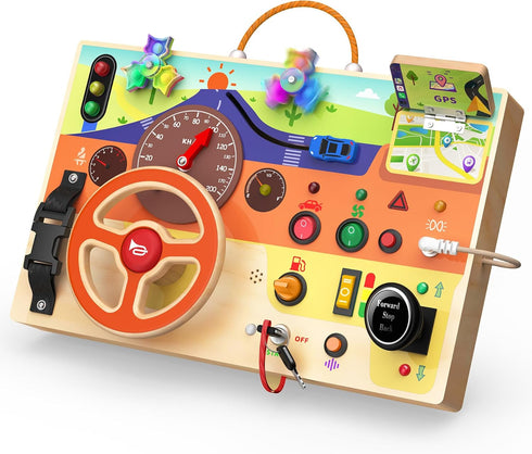 Busy Board Montessori Toys for Toddlers 1-3 with Steering Wheel, Lights &