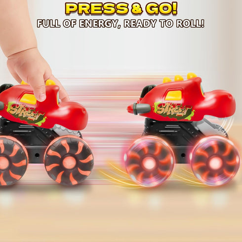 2 3 4 5 Intoypad Red Chomping Dino Monster Truck Toy Press and Go Car with LED Light Wheels Light-Up Push Car