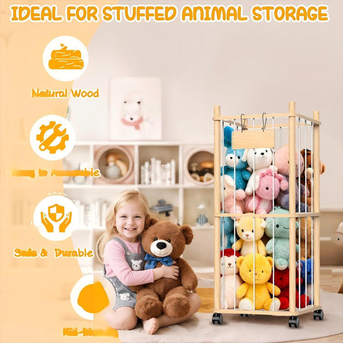 Belveora 2 Stuffed Animal Storage Organizer, Wooden Plushies Toy Zoo Holder with Wheels, Large Capacity Storage Tower