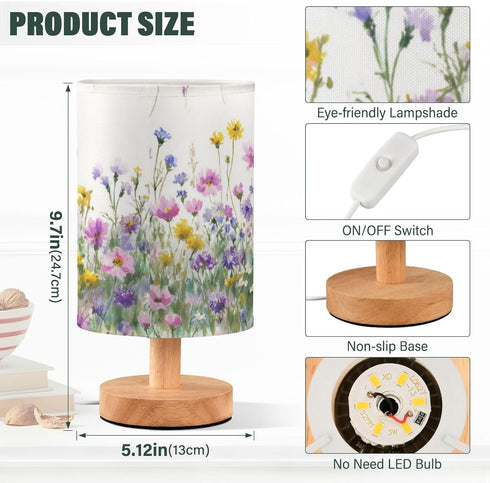 Vdsrup Table Lamp Wildflowers Colorful Nightstand lamp Fabric Lamps with Wood Base Fabric Shade Bedside Desk Lamps