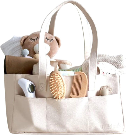 Cream Vegan Leather Diaper Caddy Organizer - Portable Baby Storage
