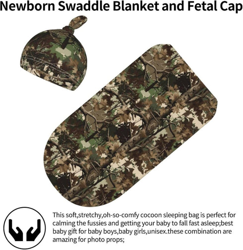 Valvphora Camo Swaddle Blankets Newborn Receiving Blanket Baby Swaddle Wrap with Hat, Hunting Soft Sleeping Clothes