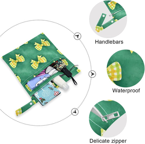 Burbuja 2 Pack, 2 Green Yellow Bows Wet Dry Bags for Baby Cloth Diaper Waterproof Reusable Wet Bag with Zippered