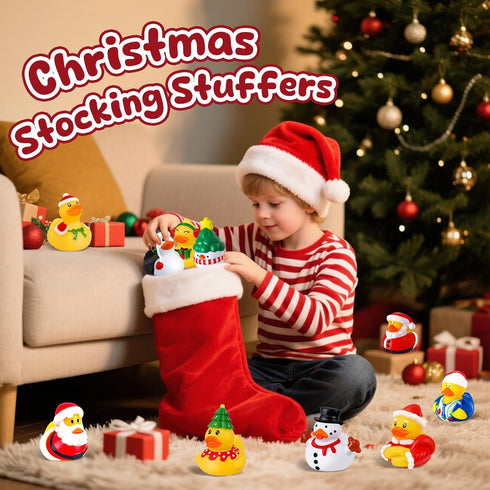 24 Pcs Christmas Rubber Ducks with a Bag, Christmas Stocking Stuffers for Kids, Santa Duckies for Xmas Party Favors