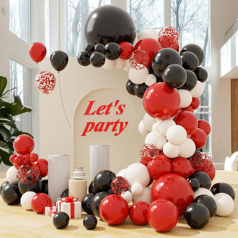 Red White Black Balloon Arch Kit, 102pcs Latex Balloons with 16ft Tape Strip & Dot Glue