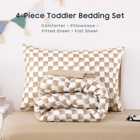 Set 4 Set Wake In Cloud - Toddler Bedding for Boys Girls, Cute Gingham Grid Checkered, Pieces Soft Crib Bed Including