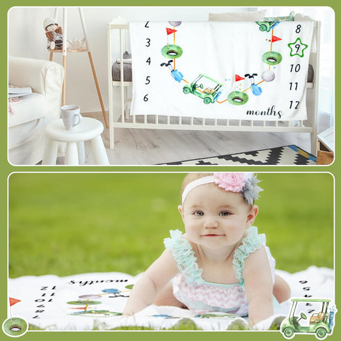 Golf Print Baby Monthly Milestone Blanket for Newborn Baby Boy, Gender Neutral Nursery Decor (Green, Golf)