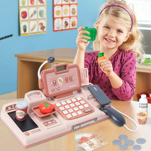 Count 3 4 5 6 7 8 Pretend Play Calculator Cash Register Toy with Sound,Microphone,Scanner,Credit Card and Conve Belt