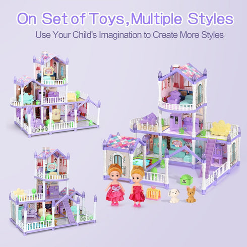 randhar 9 2 3+ Lilac Purple Doll House for Girls, Dream Dollhouse Rooms with Dolls, Animals, Lights, Furniture