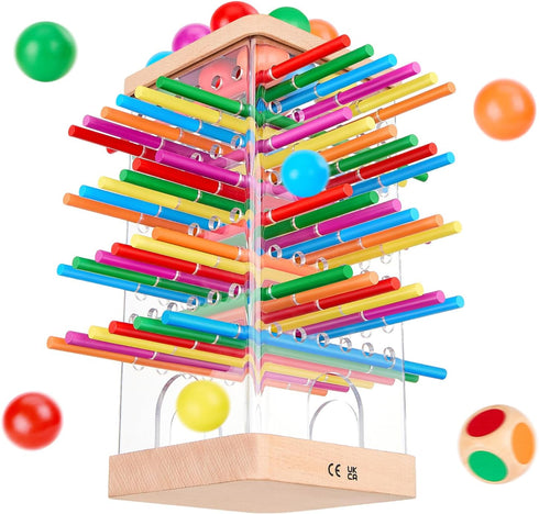 WhimsiPlay 48 12 3 4 5 6 Montessori Wooden Board Games, Colorful Sticks Dice Game with Balls, Family Game for Kids
