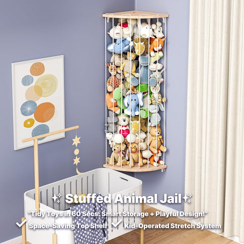 Corner Stuffed Animal Storage Zoo Adjustable Natural Solid Wood Toy Organizer & Teddy Bear Holder Large Wall Plushie