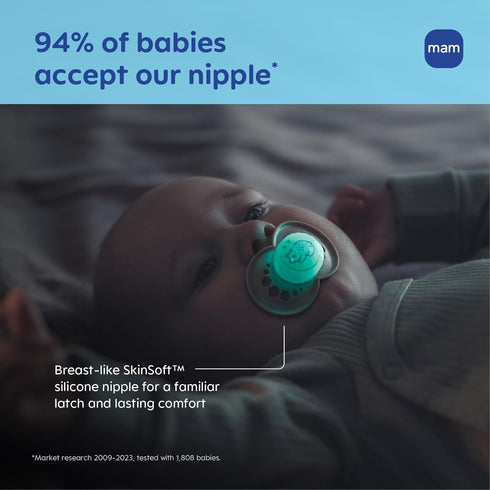 16+ 4 Count, MAM Original Baby Pacifiers Months, Binky for Newborn Babies, BPA-Free Skin Soft Silicone Nipple, Glows