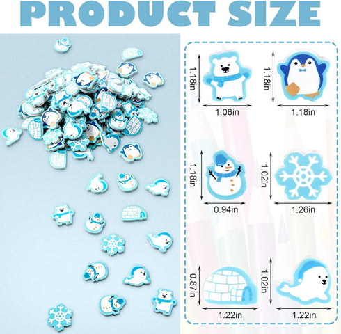Tenare 150 Pcs Winter Animal Mini Erasers, Snowflake Snowman Bear Penguin for Kids Christmas Party