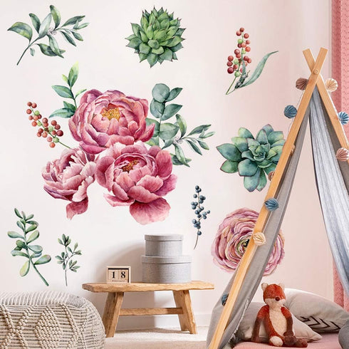 Amaonm Removable 3D Pink Red Peony Flowers Wall Decal - DIY Peel and Stick Art Decor for Kids Bedroom