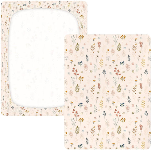 miaozhen 1 Pack 52x28 Cotton Crib Sheets for Baby Boys Girls Soft Stretchy Cute Cartoon Forestland Herbs Beige Crib
