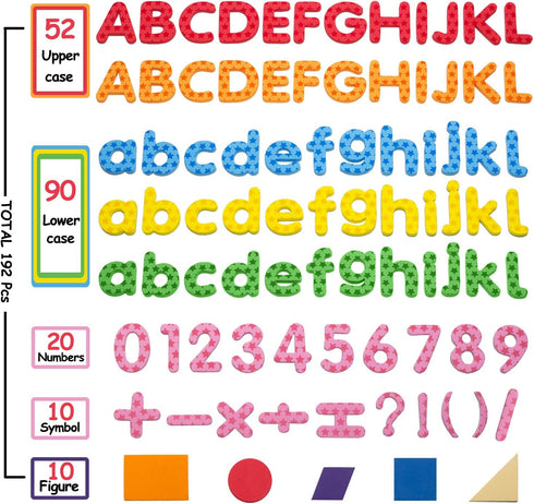 192 Pcs Magnetic Letters and Numbers Foam Set, 9 Color Alphabet Magnets Gift for Preschool Kids Educational Toy