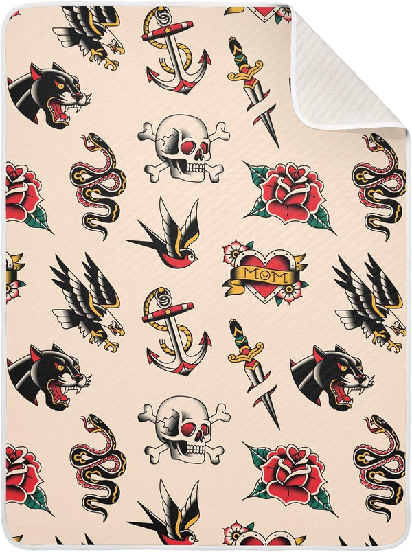 Old School Tattoo Baby Blanket Cozy Cotton Throw Blanket Warm Nursery Receiving Toddler 30" x 40