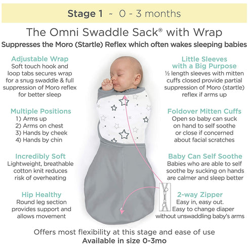 0-3 Amazing Baby Omni Swaddle Sack for Newborn - Transitional With Wrap & Arms Up Sleeves & Mitten Cuffs - Easy