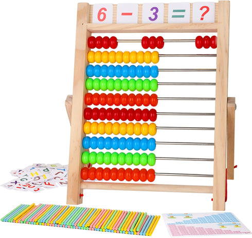 Wooden Abacus for Kids Math - Educational Counting Toy with Sticks and Number Alphabet Cards