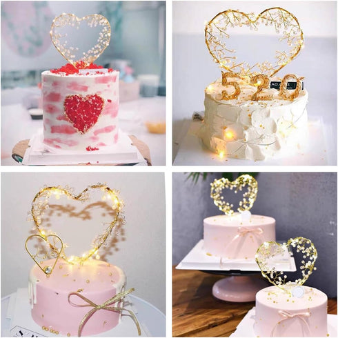 Wedding Cake Toppers Love Heart Pearl Cake Toppers with LED Light for Birthday Wedding Engagement Decorations
