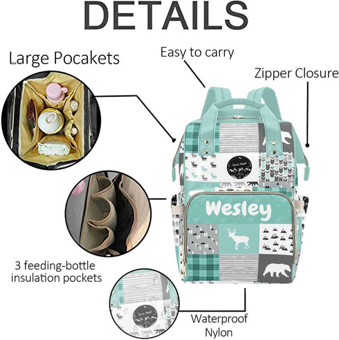 Noverbibi Backpack Mommy Daypack Personalized Woodland Deer Bear Diaper Bag with Name Custom Baby Bag, Nursing Tote