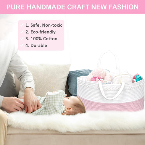 ABenkle X-Large Diaper Caddy Organizer - Cotton Rope Nursery Storage Basket for Baby Essentials, Boys & Girls Shower