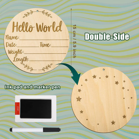 LUTER 5.9 Inch Baby Announcement Sign, Round Birth Nursery Name Signs with Ink Pad for Baby Hand and Footprints Wooden